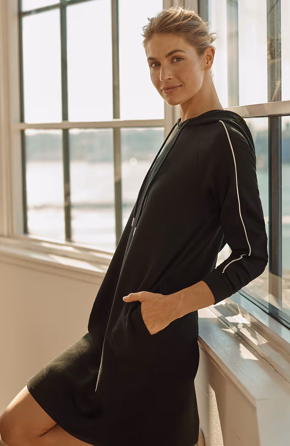 Fit Sleek Double-Knit Hooded Piped Dress