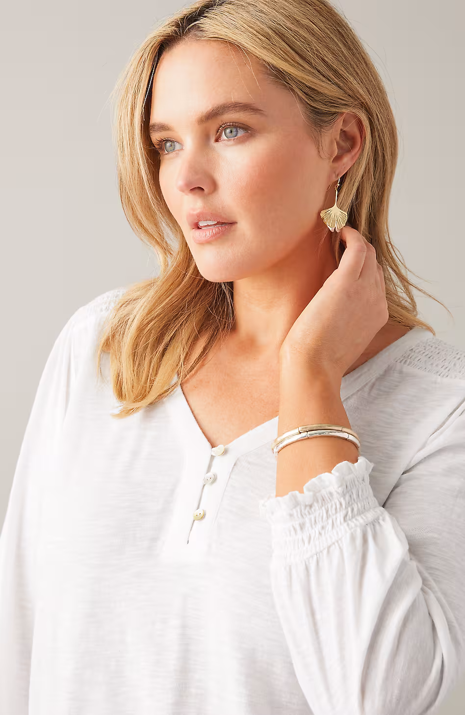 Smocked-Sleeve Henley Top