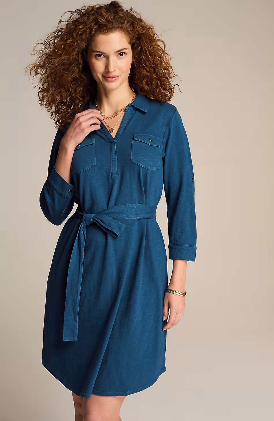 Garment-Dyed Split-Neck Shirtdress