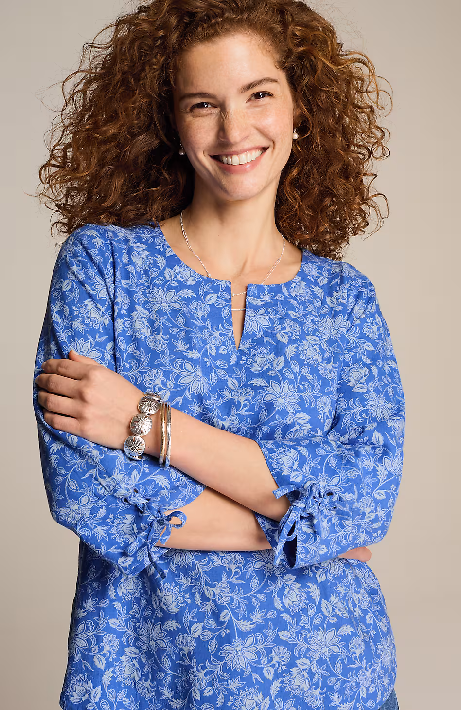 Linen-Blend Tie-Sleeve Top