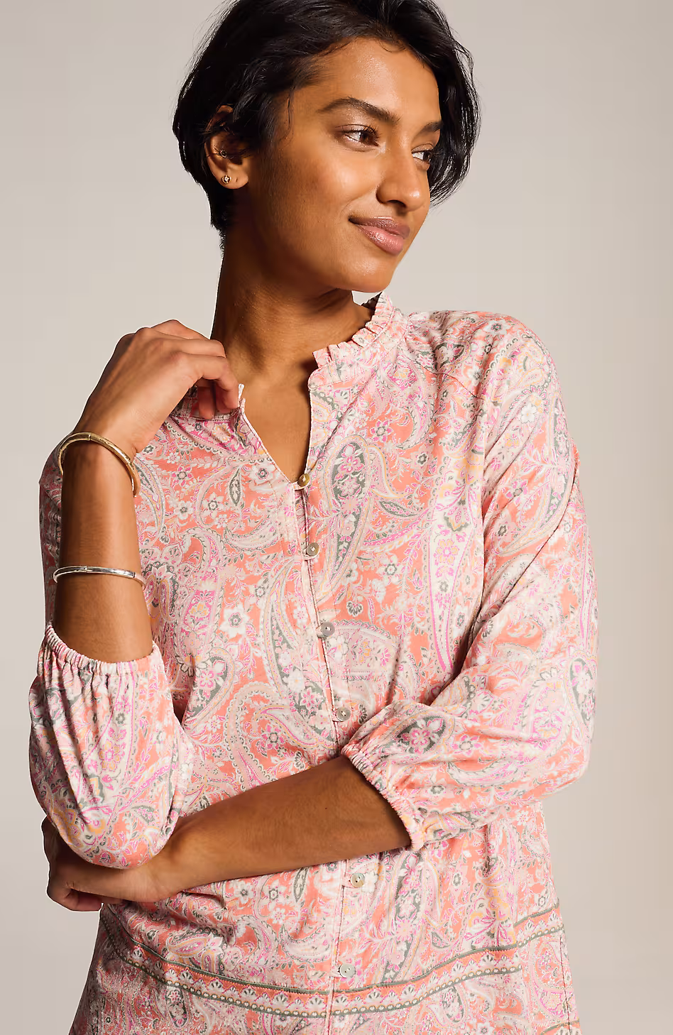 Ruffle-Neck Button-Front Top