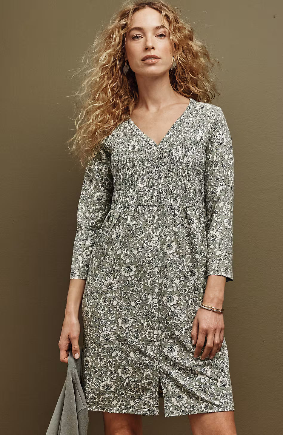 Smocked Button-Front Dress