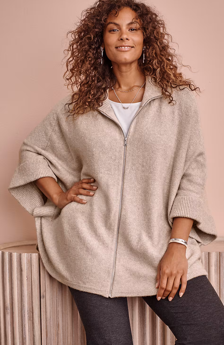 Jacquard-Knit Zip-Up Poncho