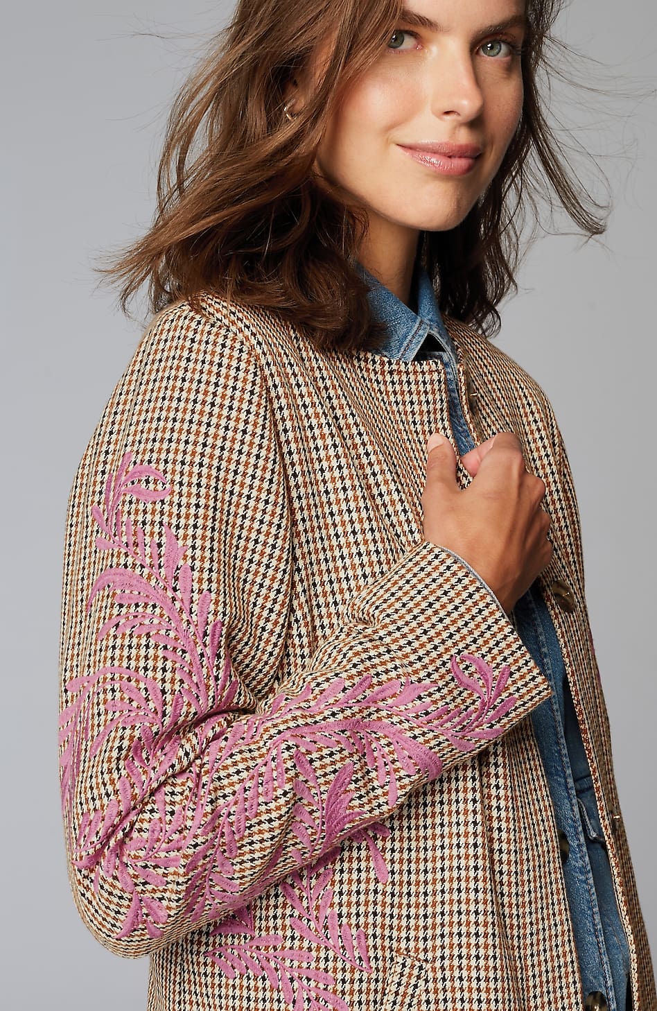 Embroidered Plaid Snap-Front Jacket