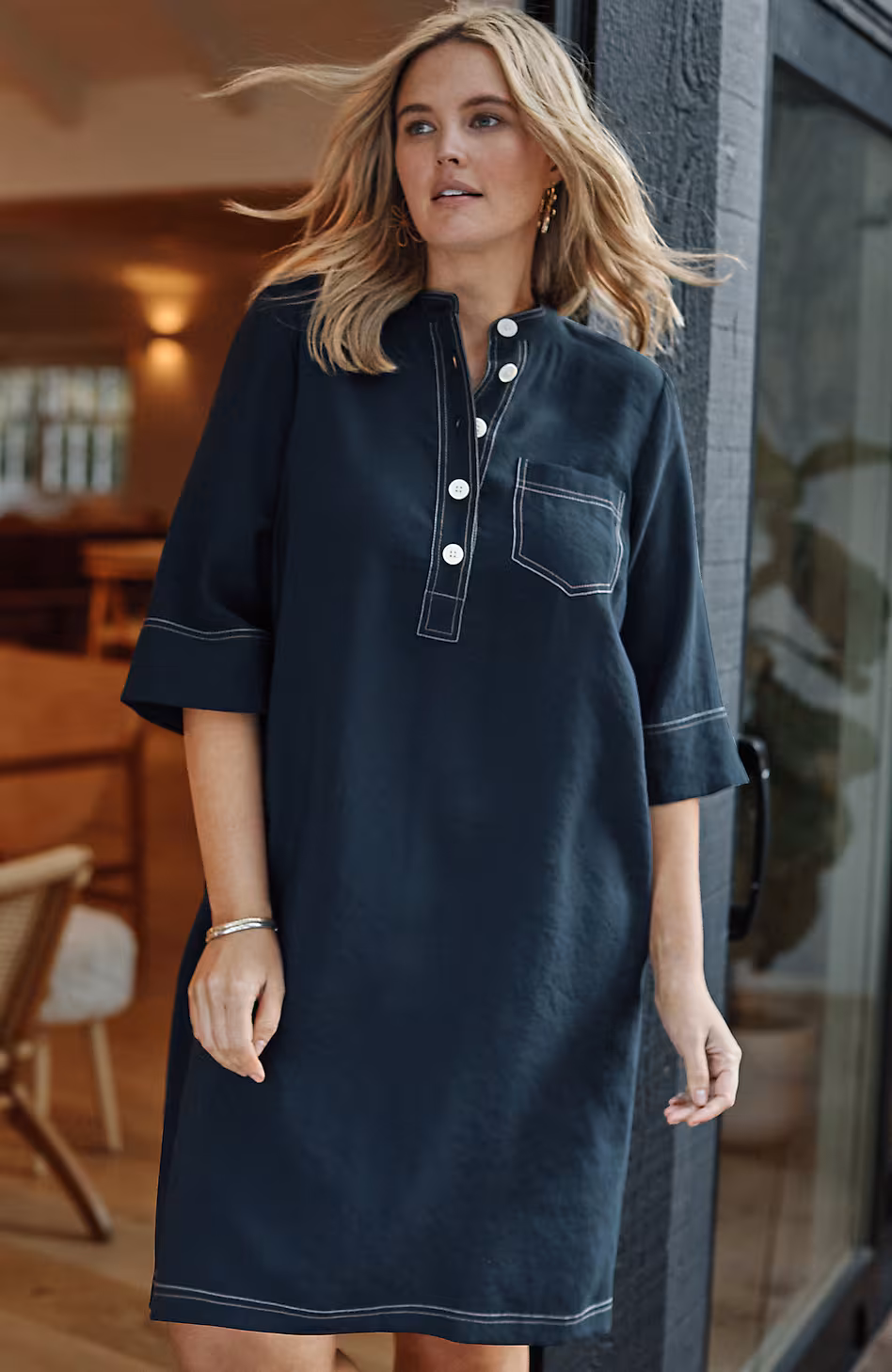 Contrasting-Stitch Shirtdress