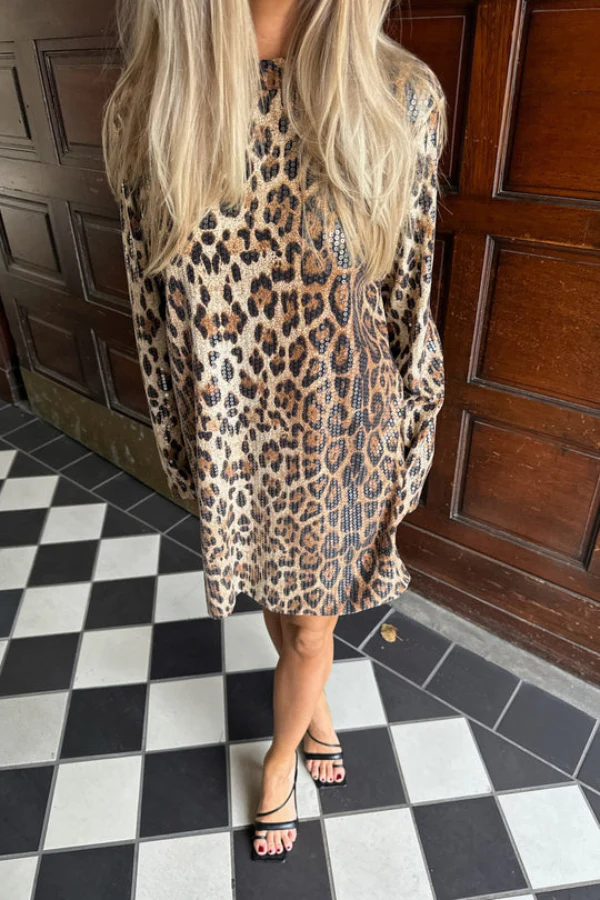 Charming Lady Sequin Leopard Print Long Sleeve H-line Loose Mini Dress