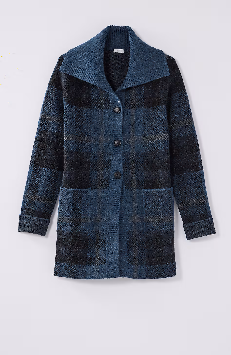 Ribbed-Collar Plaid Sweater-Jacket