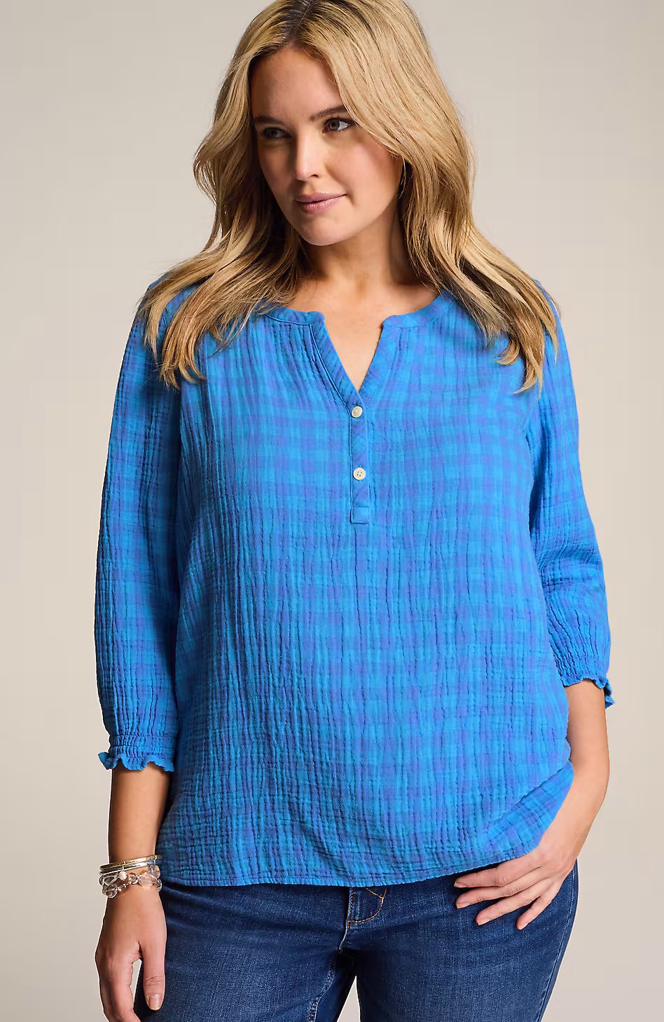 Cotton-Gauze Smocked-Sleeve Top