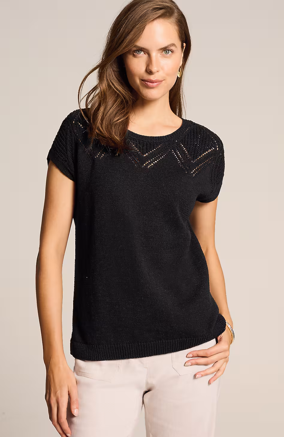 Rib-Stitched Short-Sleeve Sweater