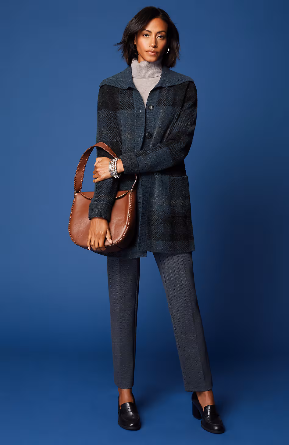 Ribbed-Collar Plaid Sweater-Jacket