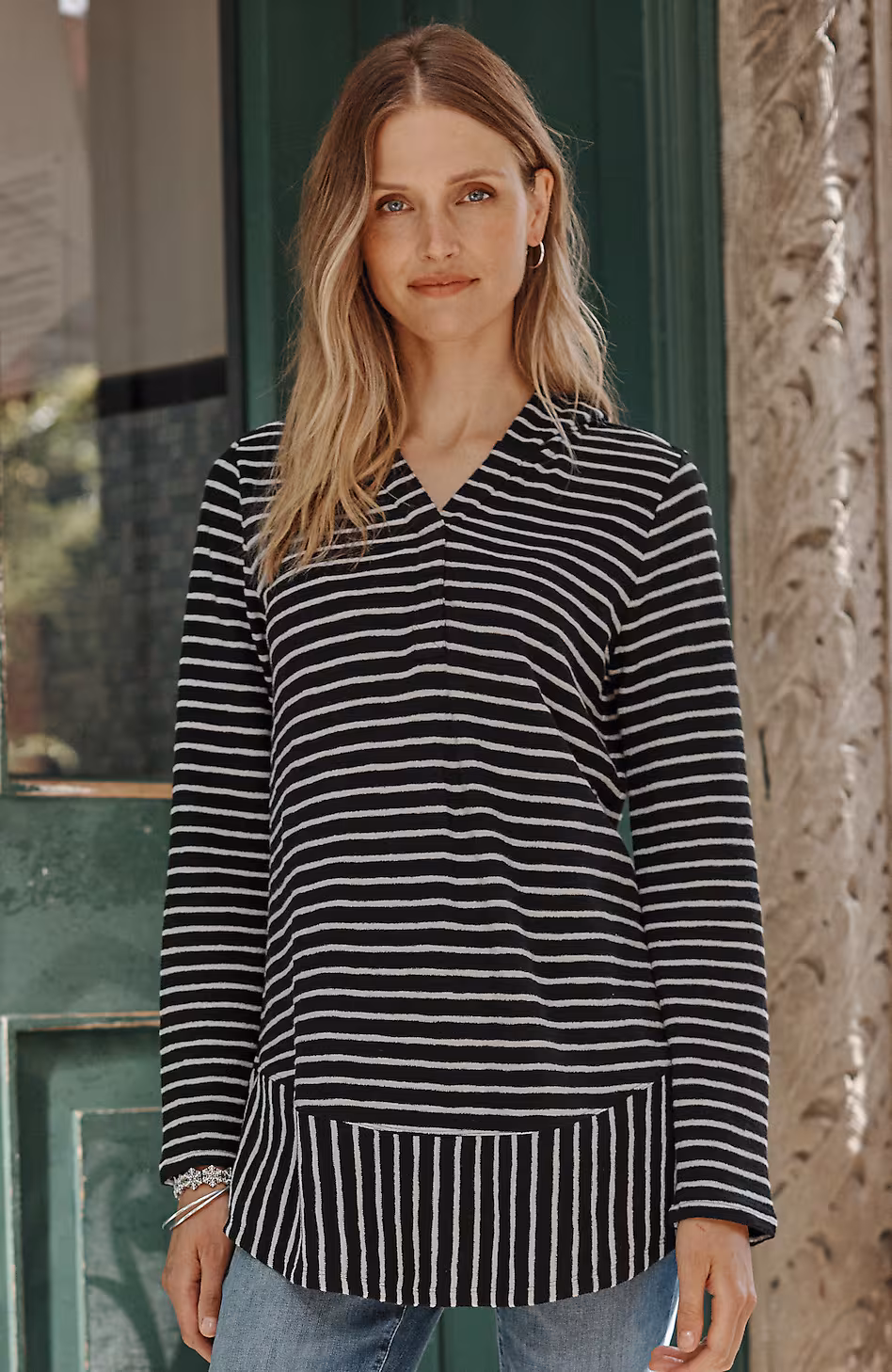 Mixed-Stripes Hooded Tunic