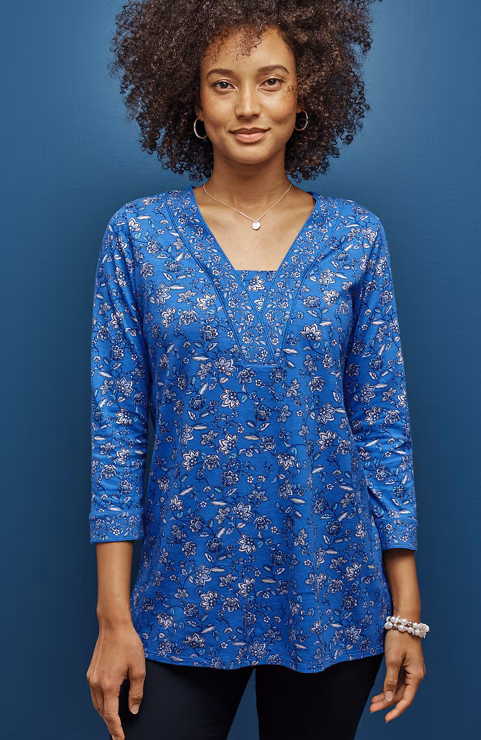 Border-Printed V-Neck Tunic
