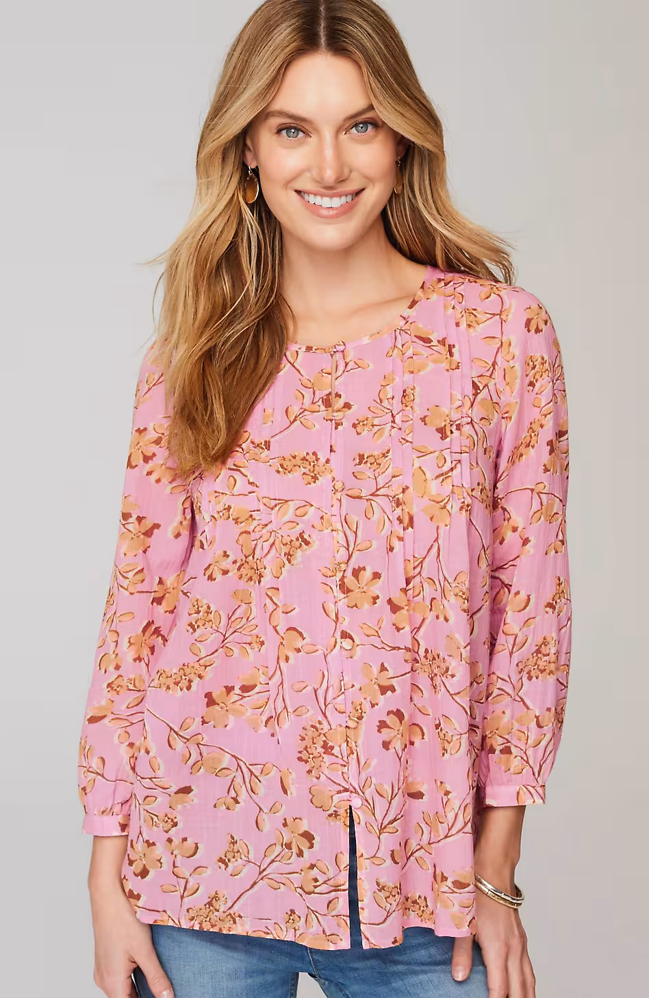 Printed A-Line Pintucked Top