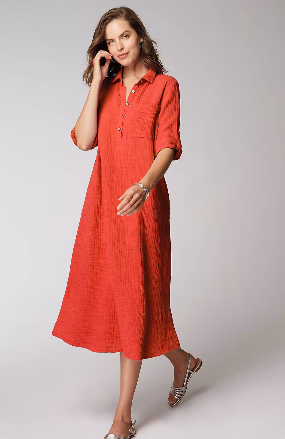 Cotton-Gauze One-Pocket Shirtdress