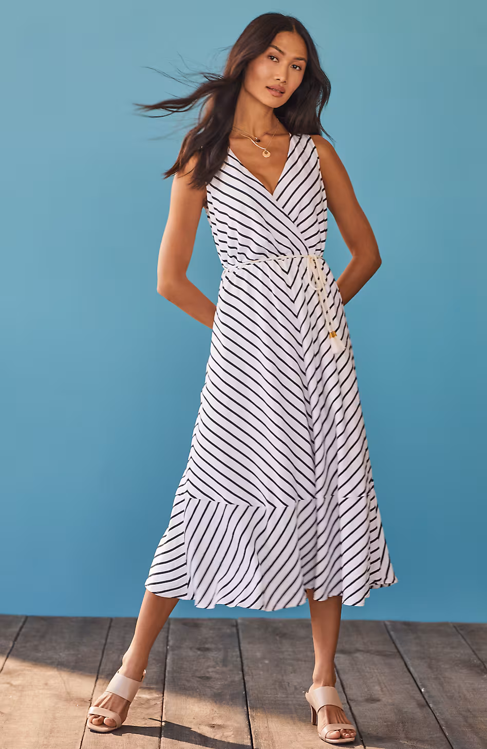 Striped A-Line Belted Dress