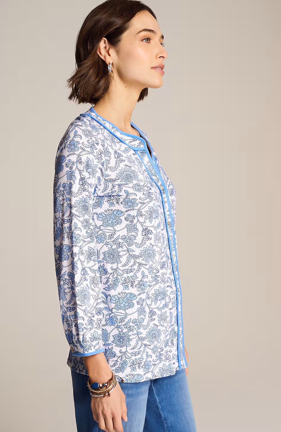 Printed Piped Knit Top