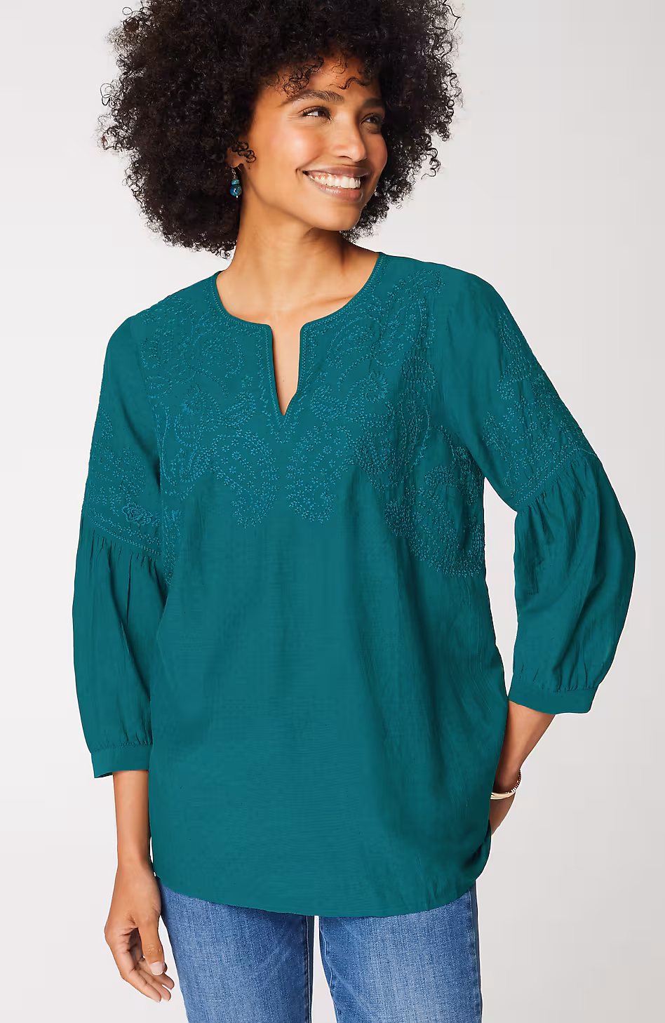 Paisley-Embroidered Split-Neck Top