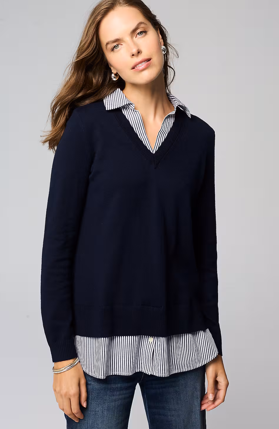Mixed-Media Shirt-Collar Sweater