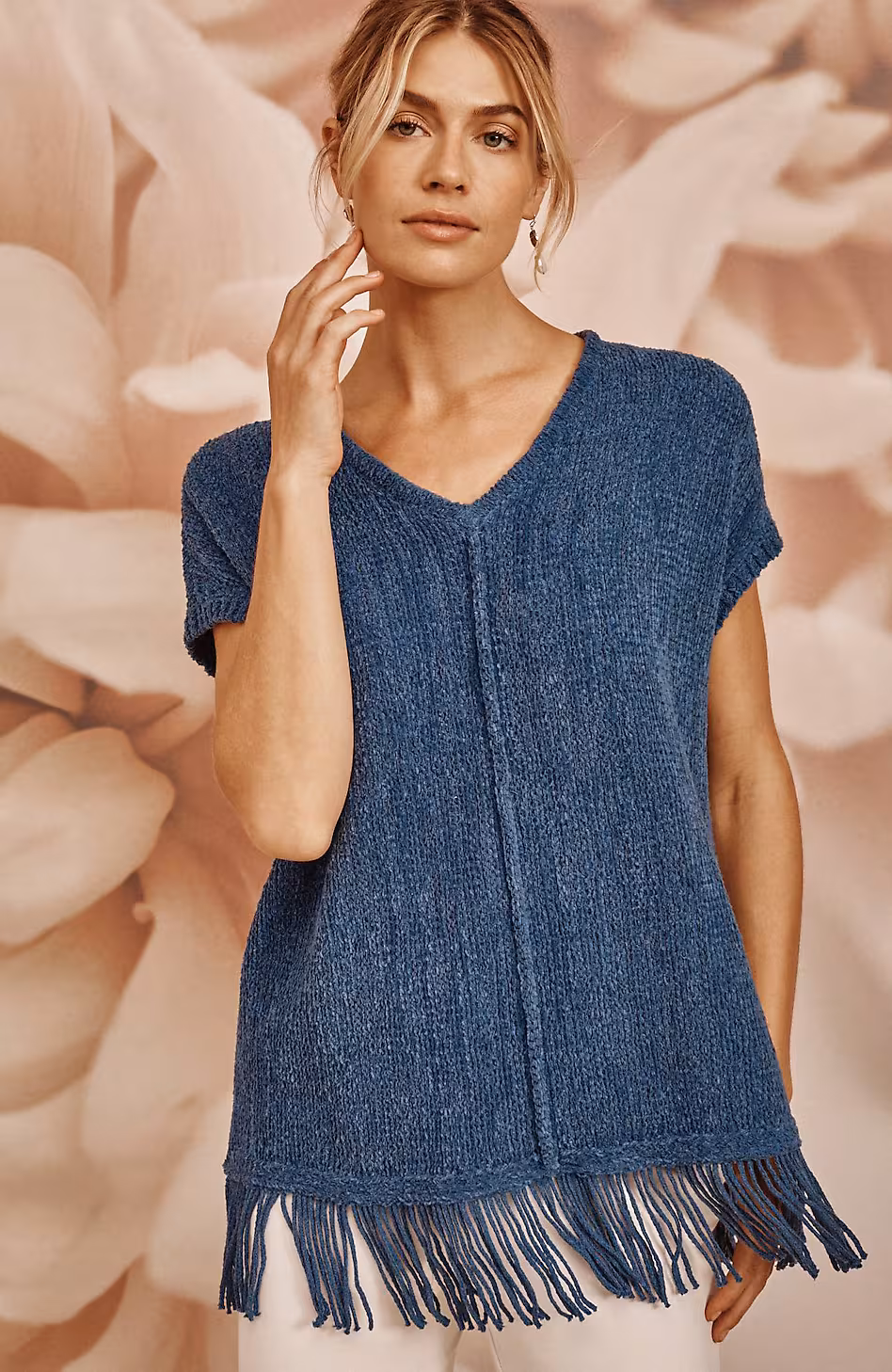 Pure Jill Fringed-Hem V-Neck Sweater