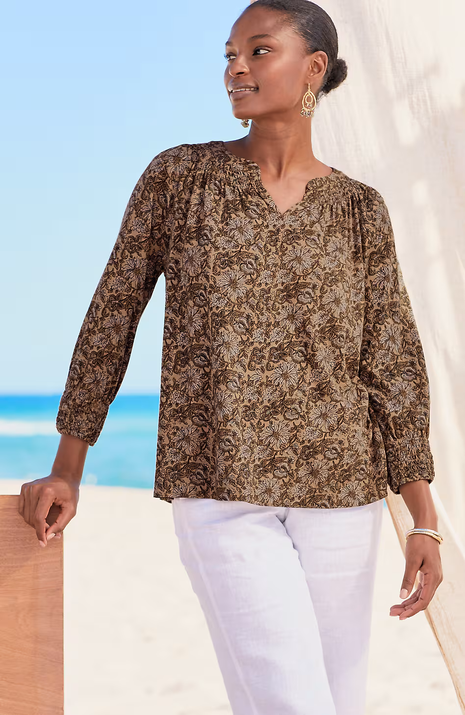 Pure Jill Smocked Block-Printed Top