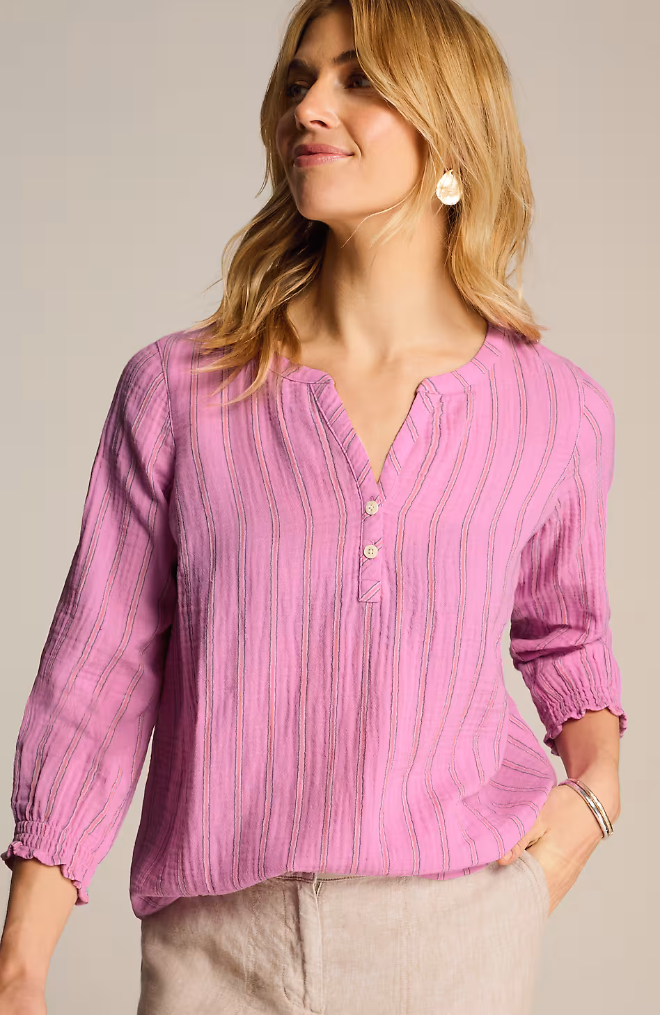 Cotton-Gauze Smocked-Sleeve Top