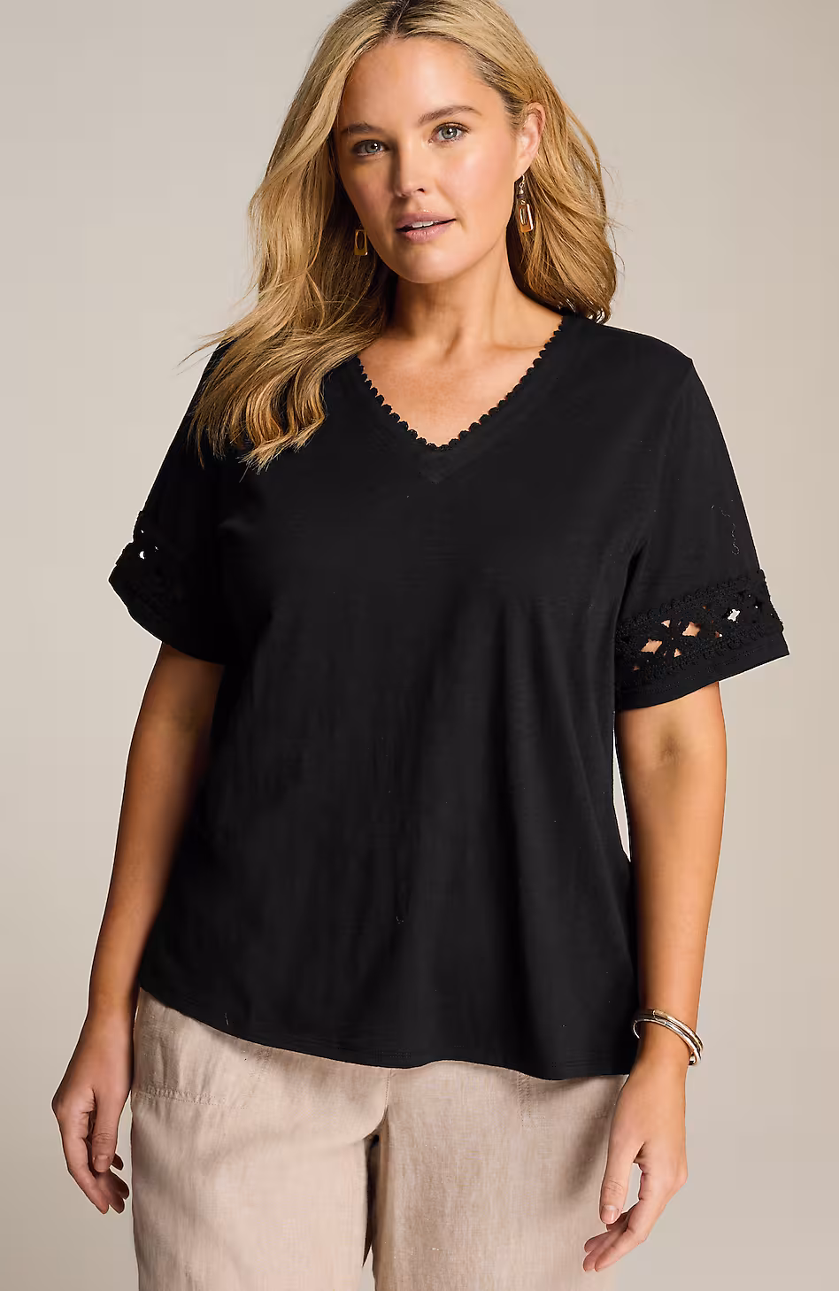 Crochet-Trim V-Neck Top