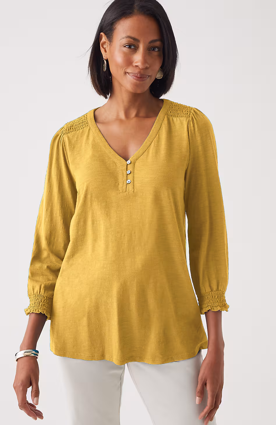 Smocked-Sleeve Henley Top