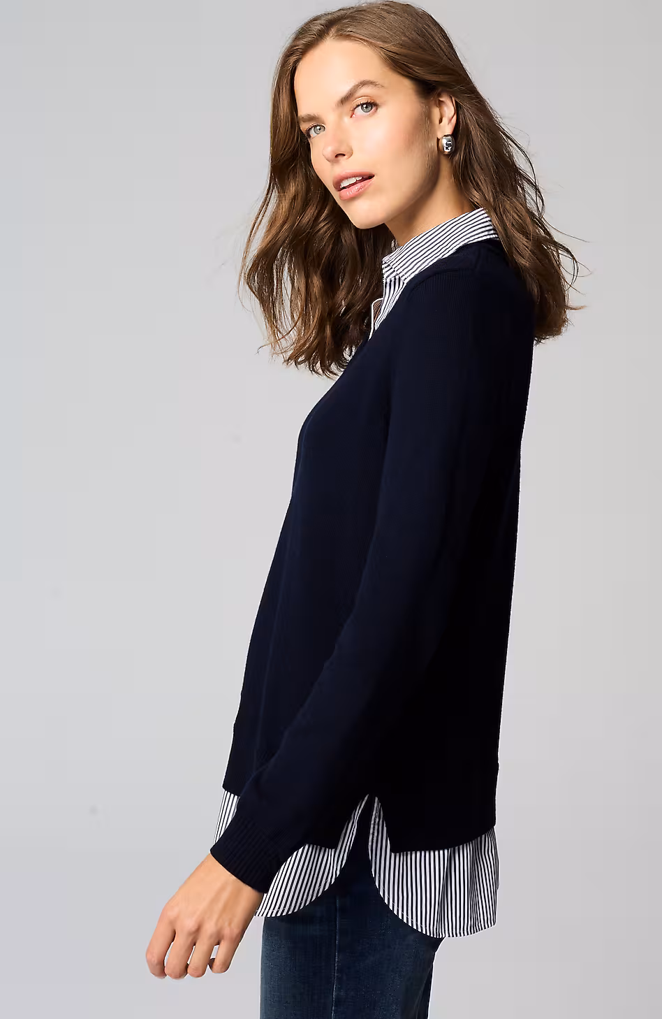 Mixed-Media Shirt-Collar Sweater