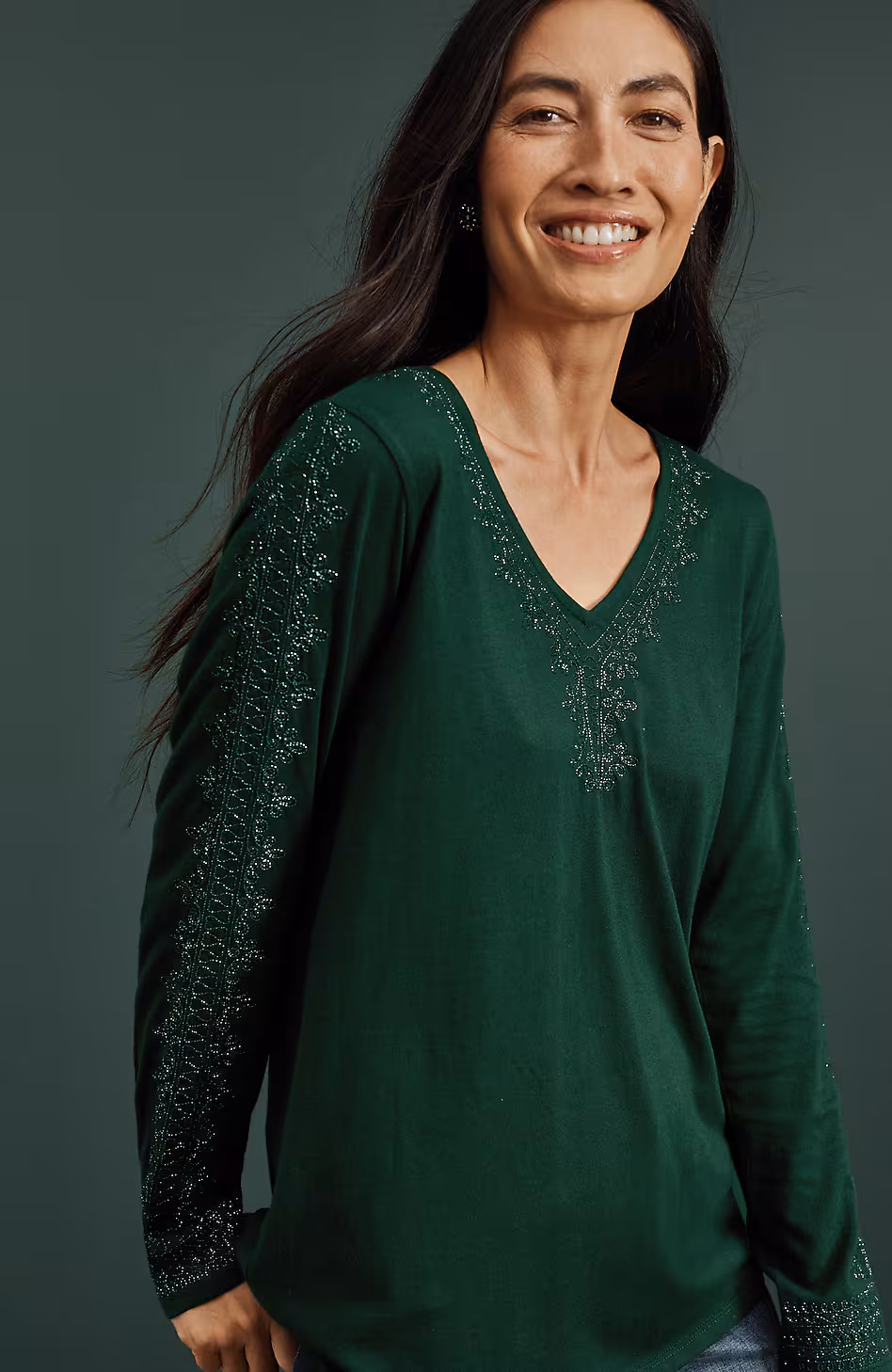 Metallic-Embroidered V-Neck Top