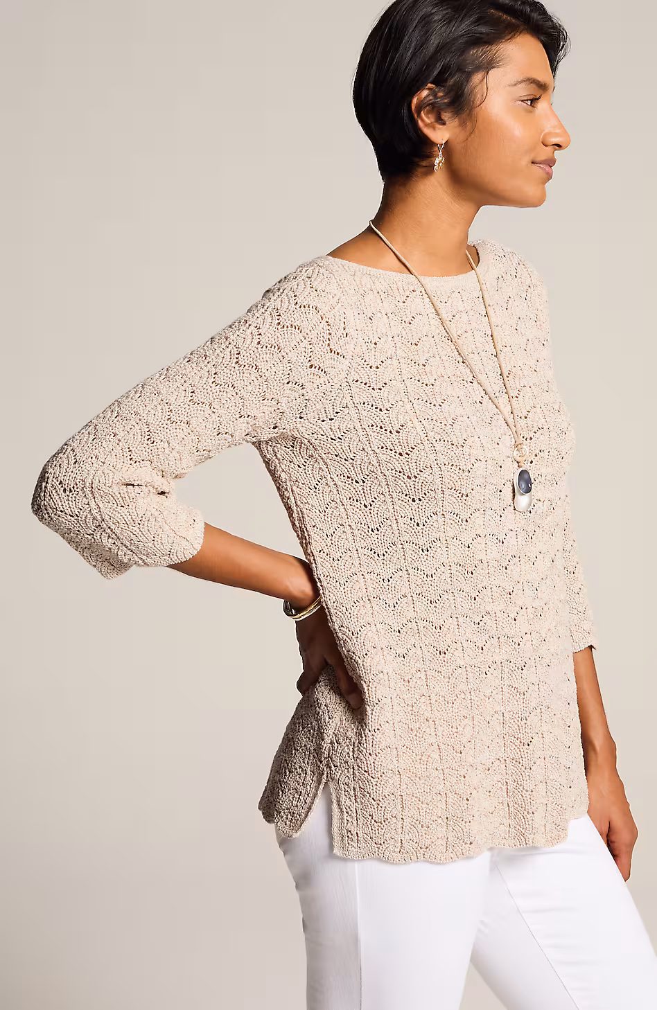 Marled Lace-Knit Sweater