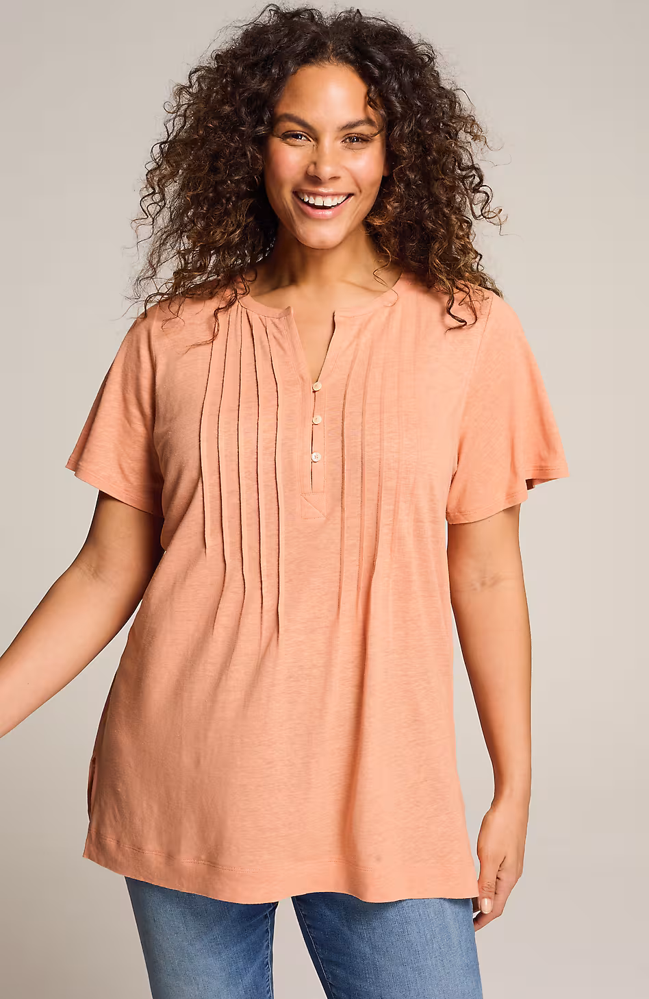 Linen-Blend Flutter-Sleeve Tunic