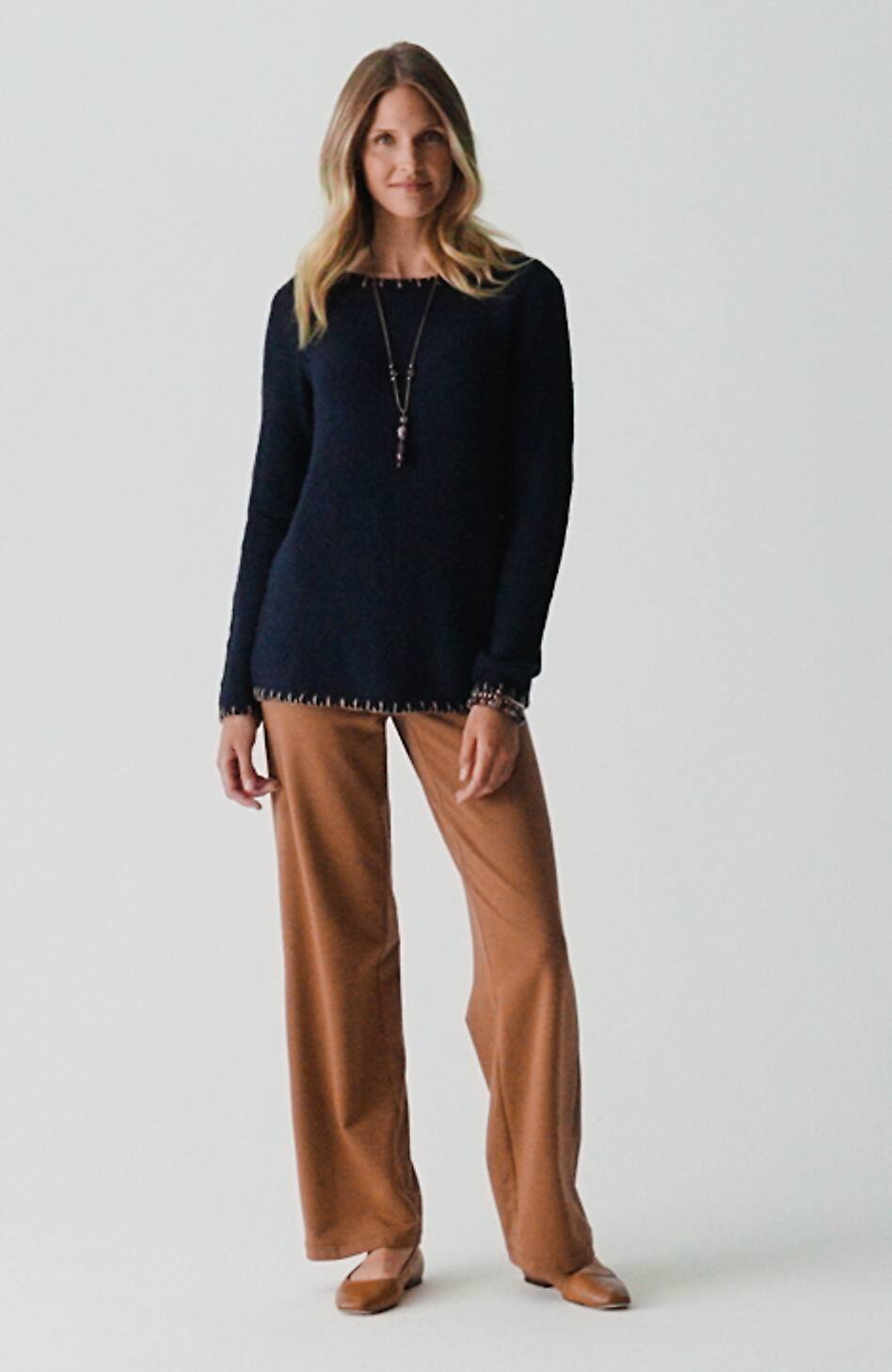 Pure Jill Whipstitch-Trimmed Pullover Sweater