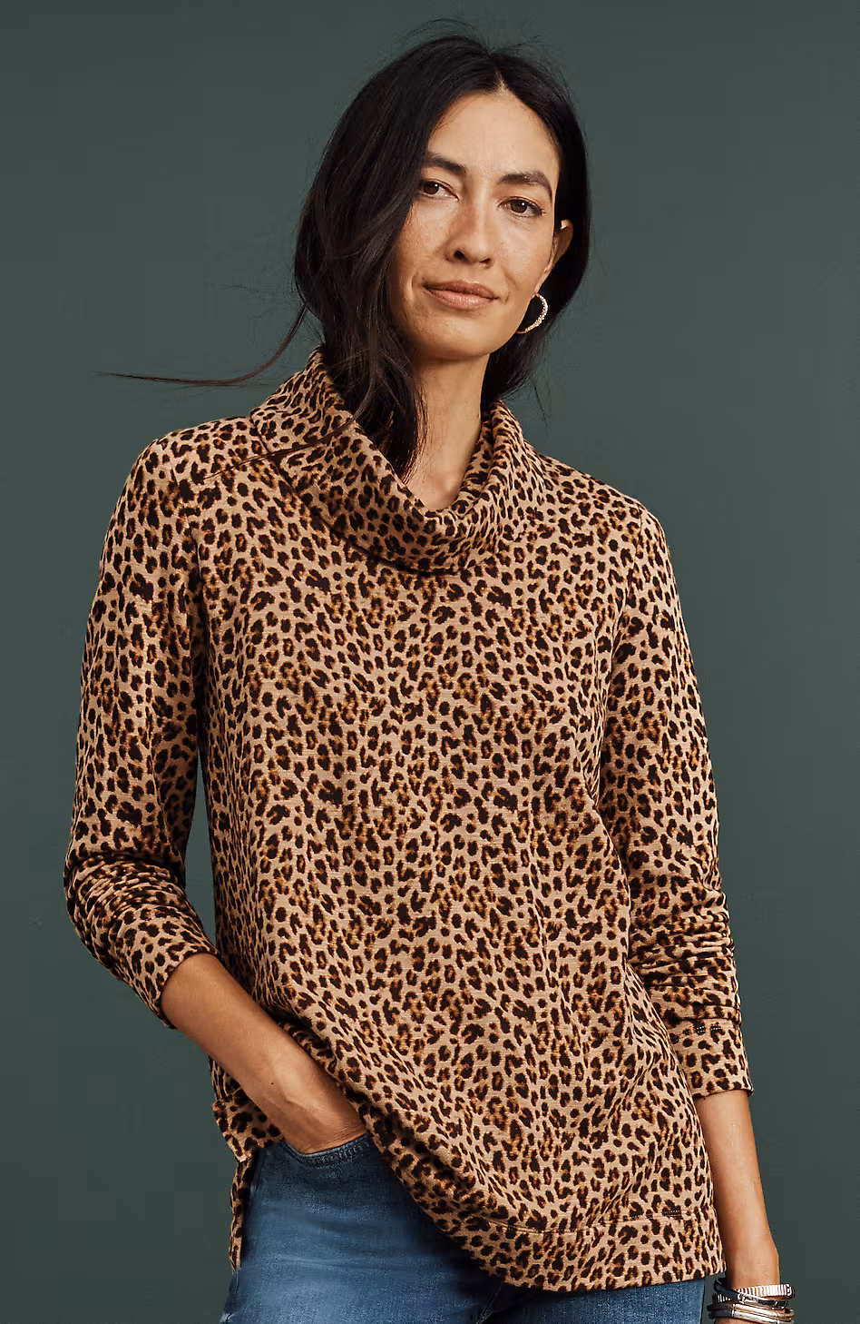 Brushed-Fleece Cowl-Neck Knit Top