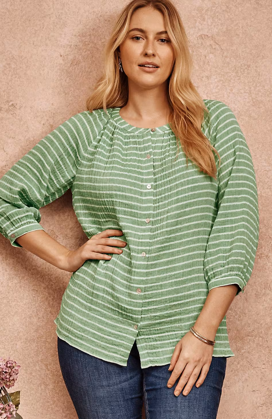Cotton-Gauze Striped Button-Front Top