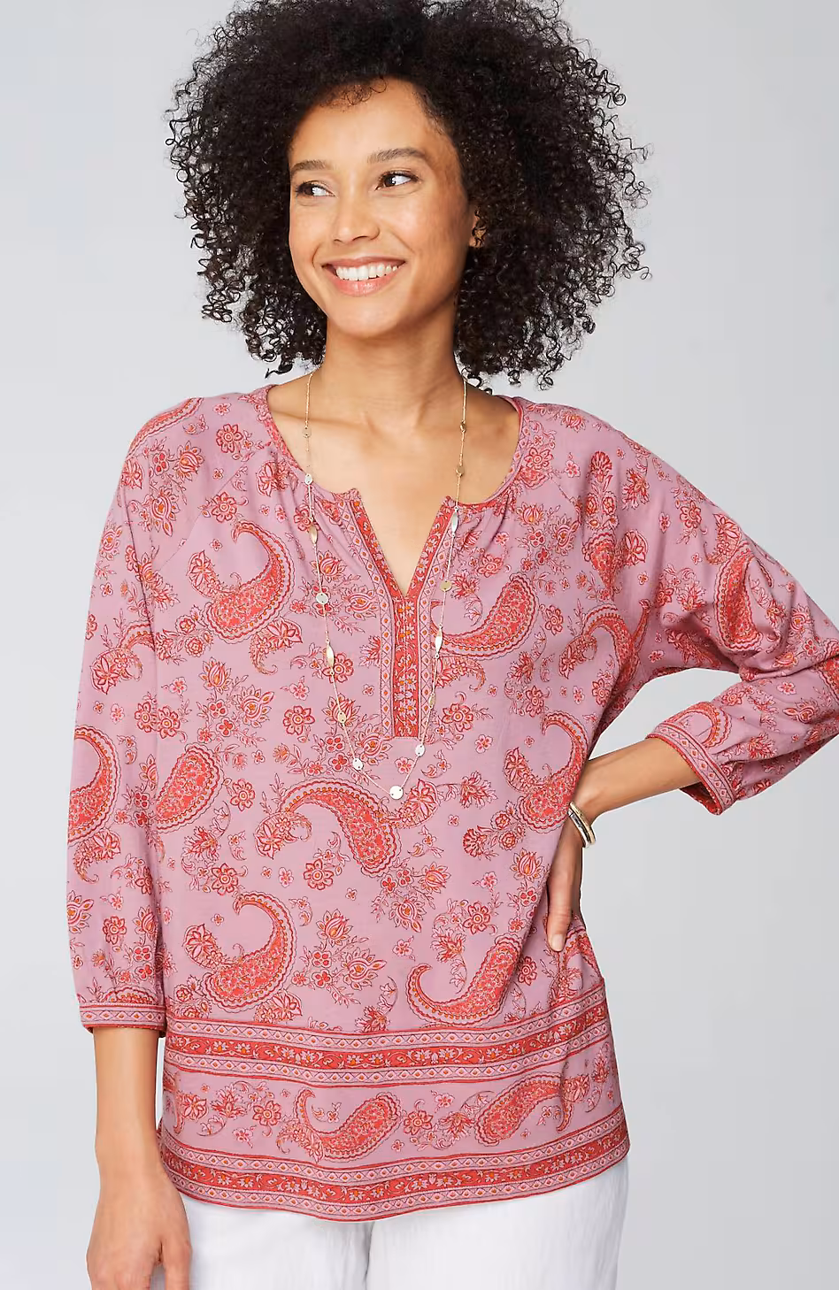 Pure Jill Split-Neck Border-Printed Top