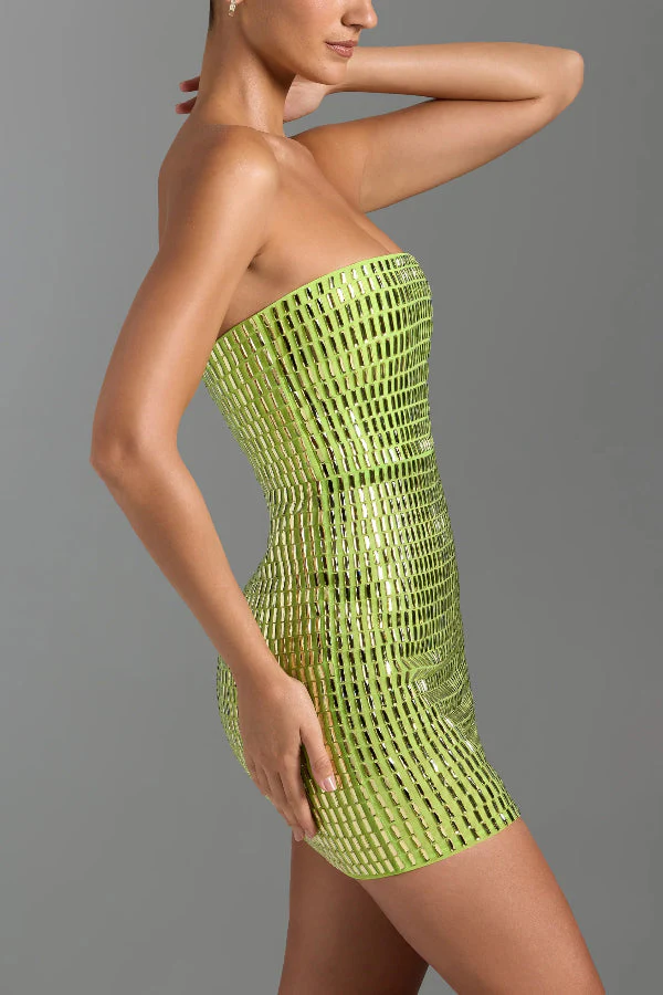 Flash Sculpture Rhinestone Embellished Bandeau Slit Stretch Mini Dress