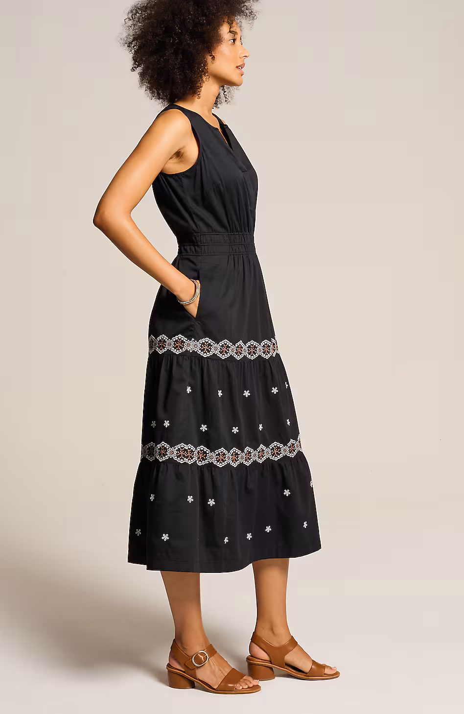Embroidered Elastic-Waist Midi Dress