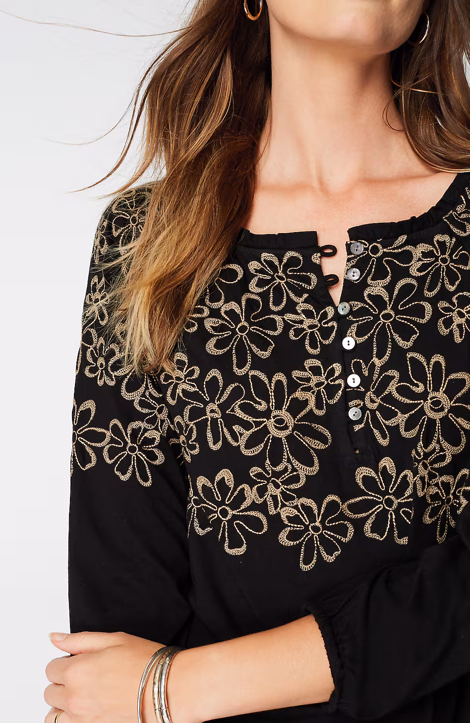 Floral-Embroidered Raglan-Sleeve Top
