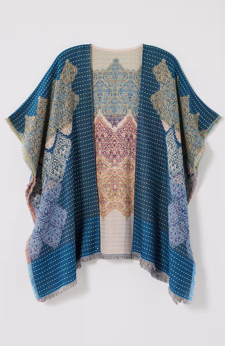 Kantha-Stitched Reversible Jacquard Ruana