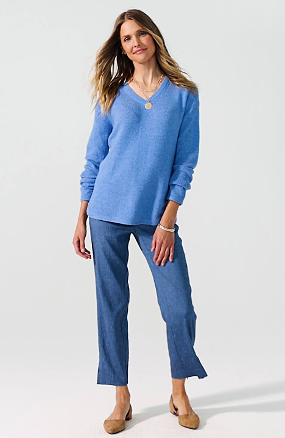 Waffle-Textured V-Neck Pullover