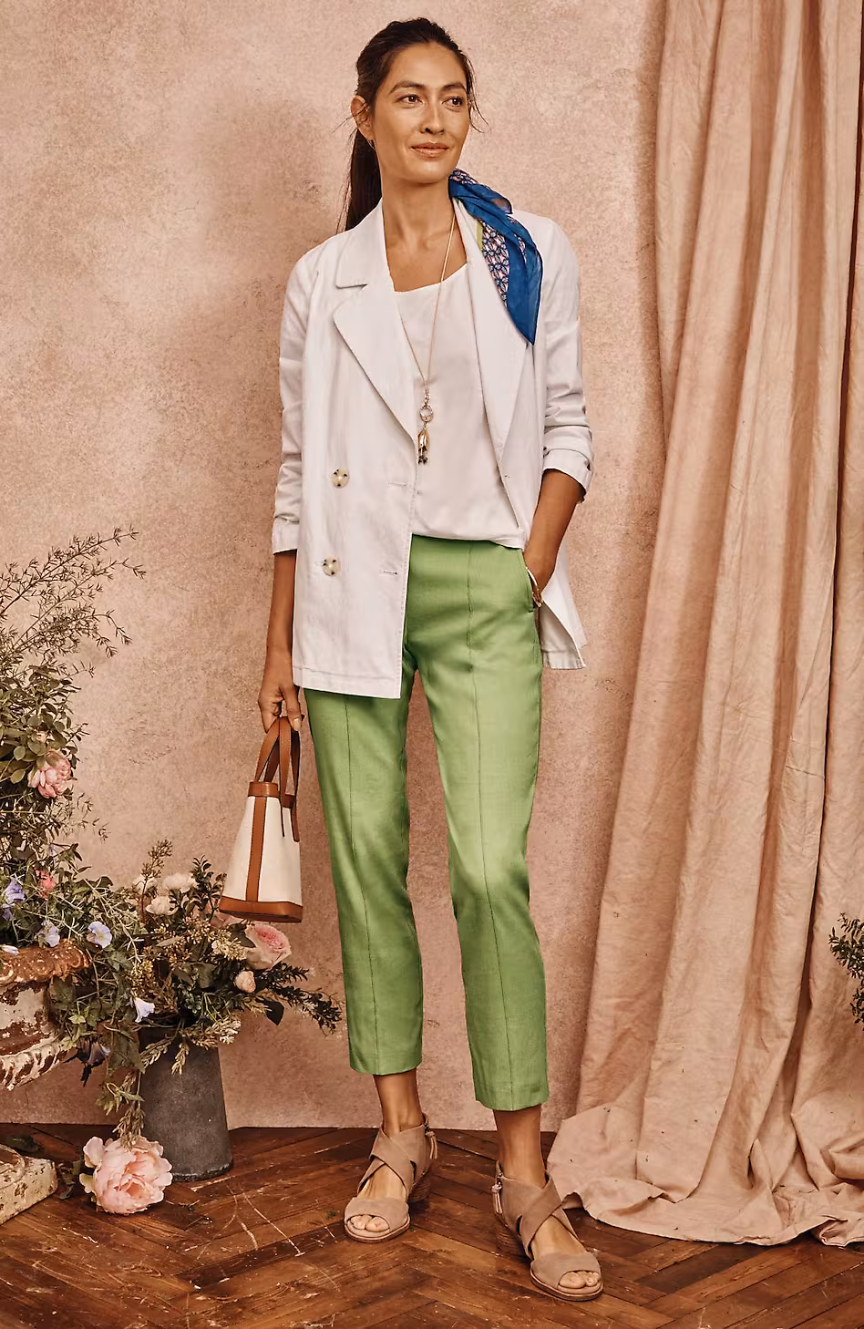 Pintucked Linen-Stretch Slim-Leg Pants