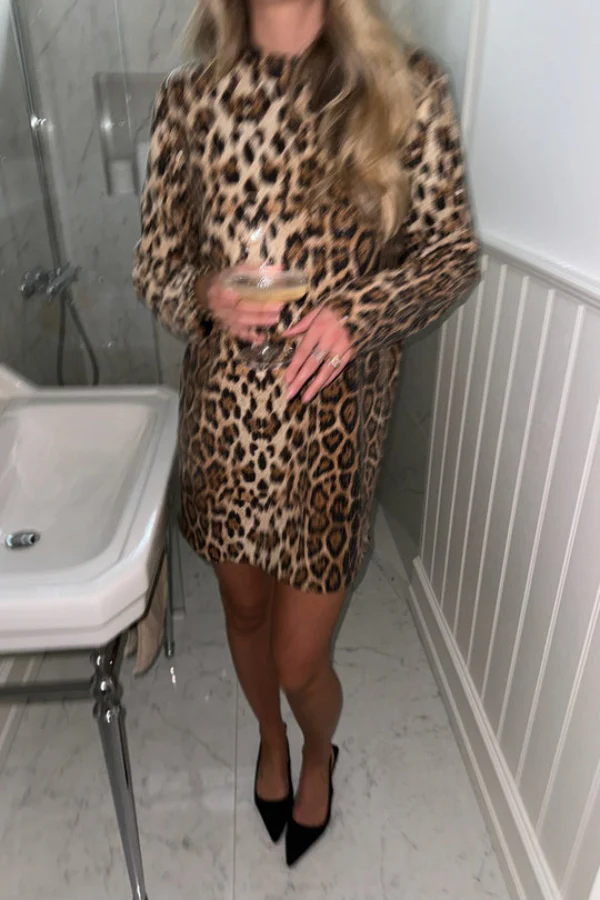 Charming Lady Sequin Leopard Print Long Sleeve H-line Loose Mini Dress