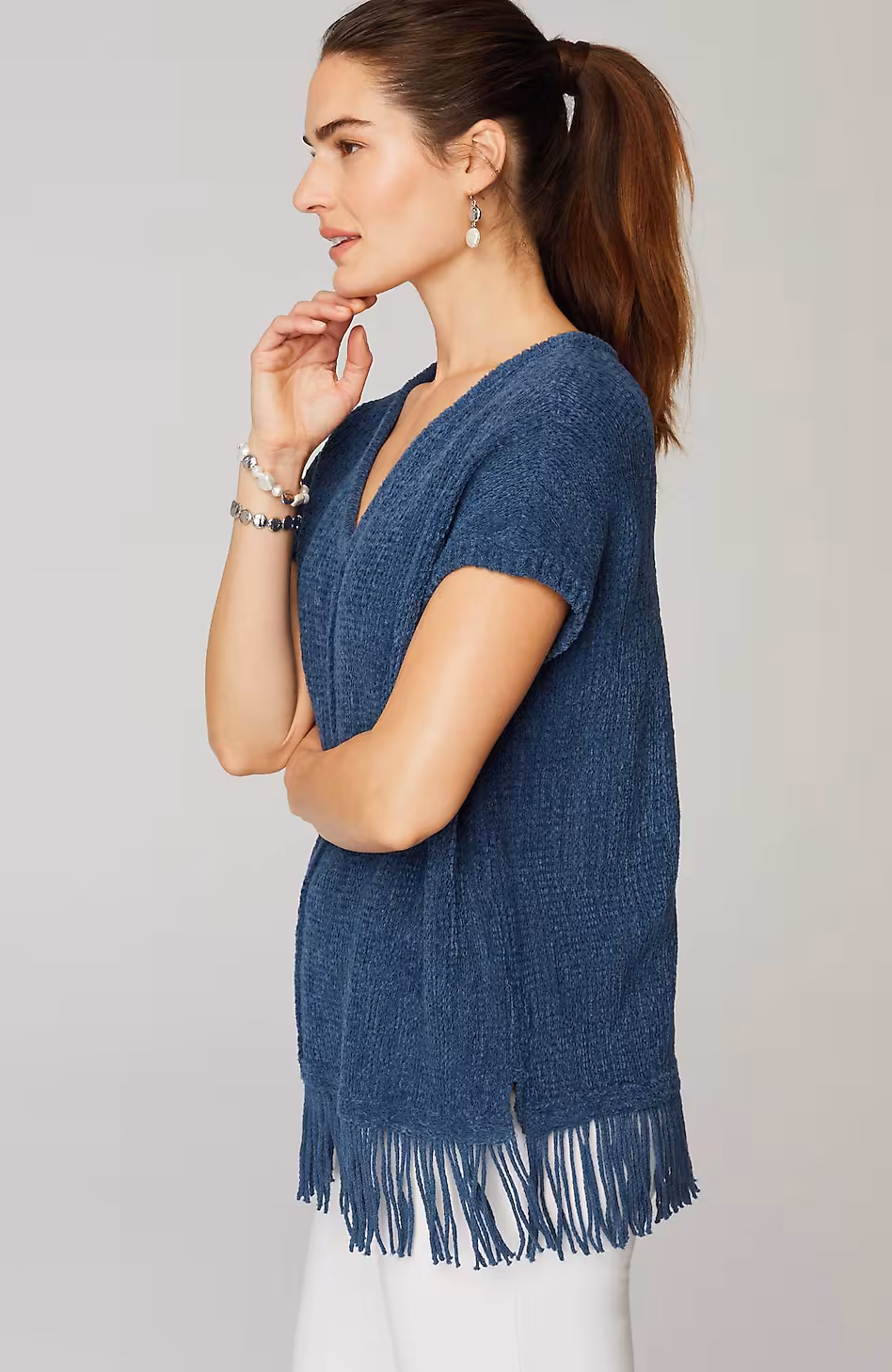 Pure Jill Fringed-Hem V-Neck Sweater