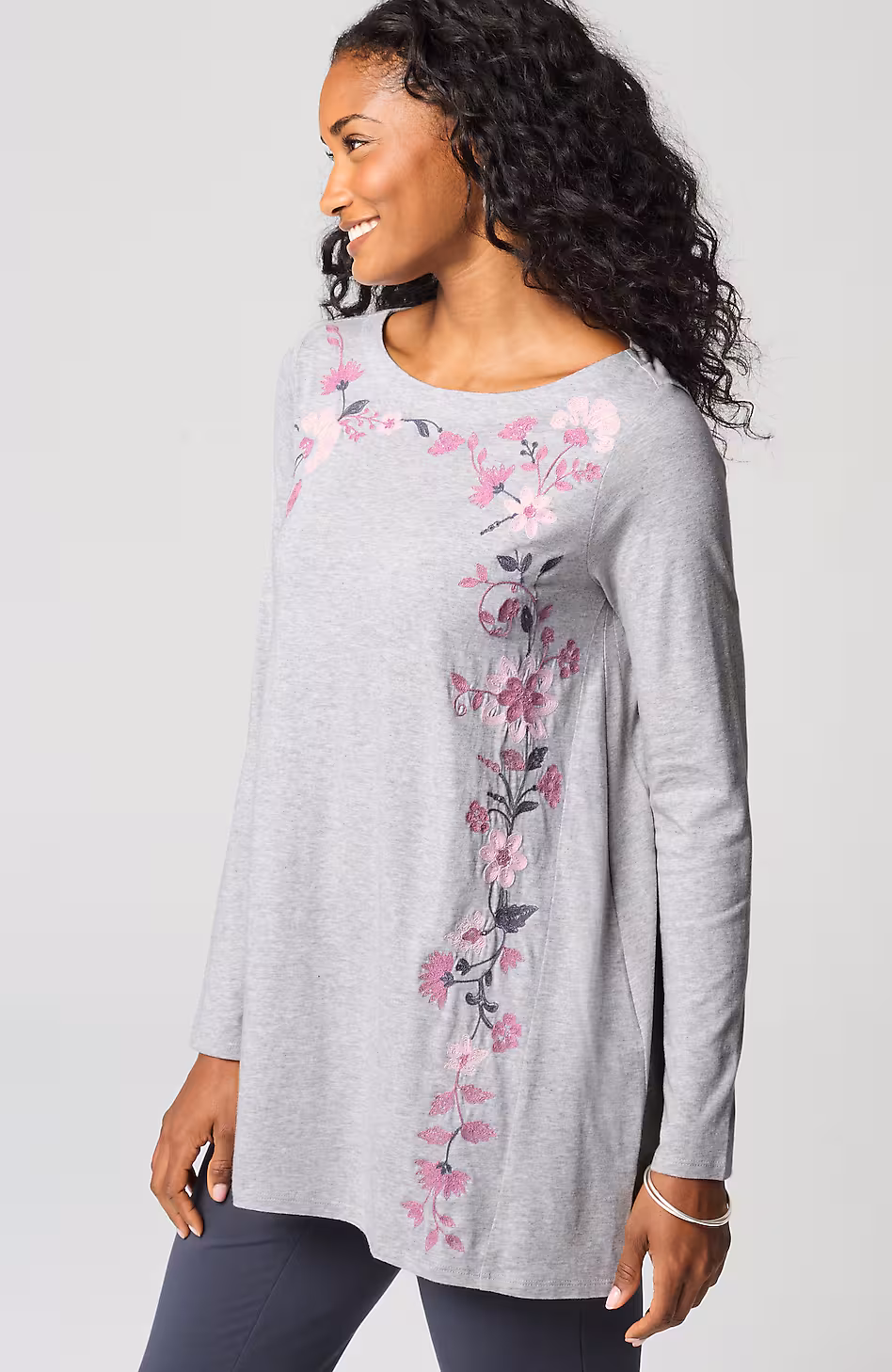 Pure Jill Embroidered Dipped-Hem Tunic
