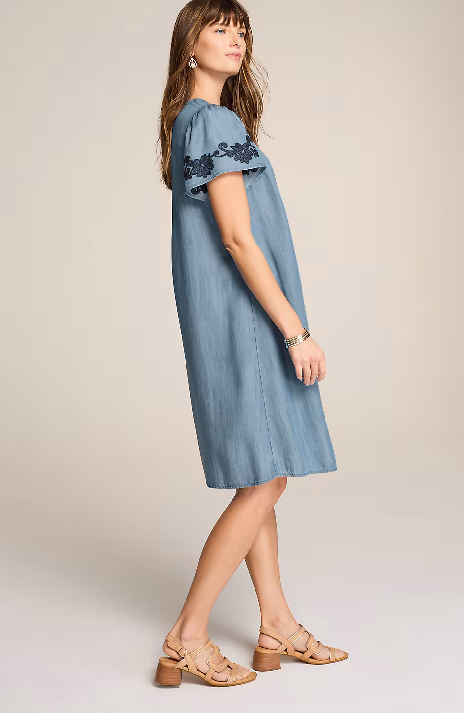 Embroidered Indigo Flutter-Sleeve Dress