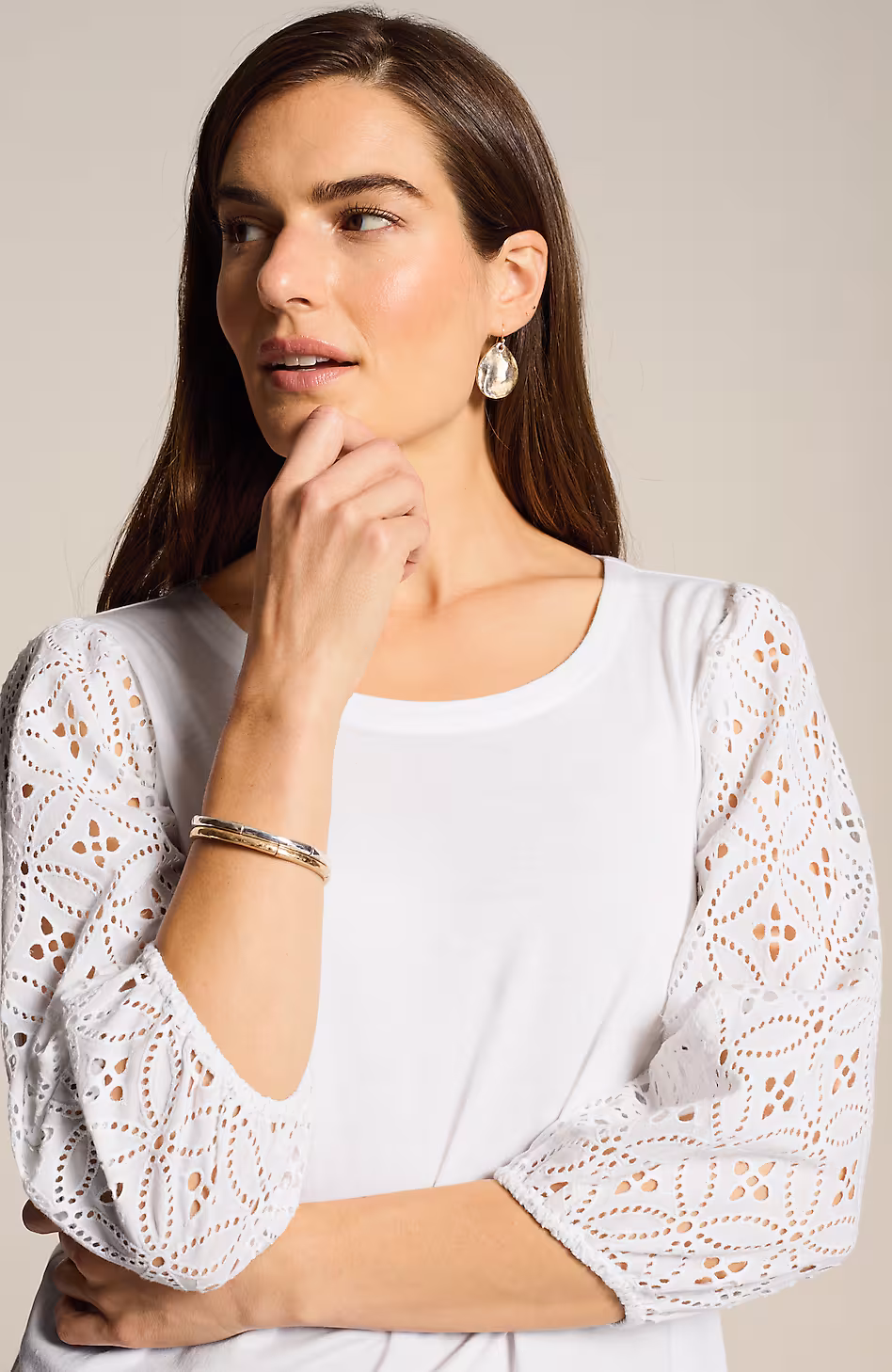 Mixed-Media Eyelet-Sleeves Top