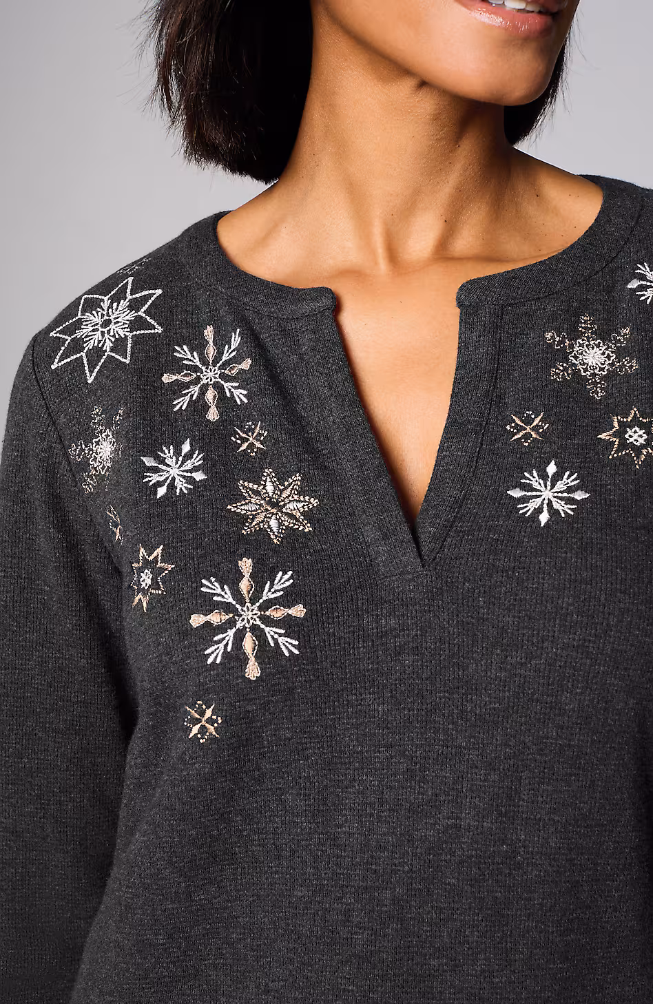 Snowflake-Embroidered Waffle-Textured Top