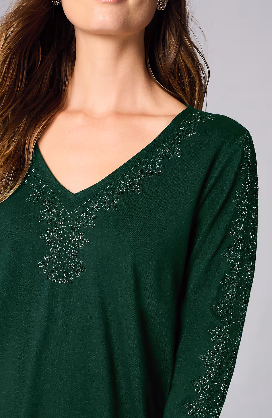 Metallic-Embroidered V-Neck Top