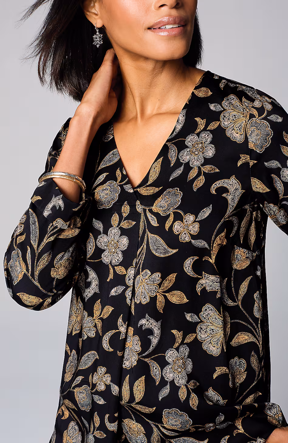 Printed Satin V-Neck Popover