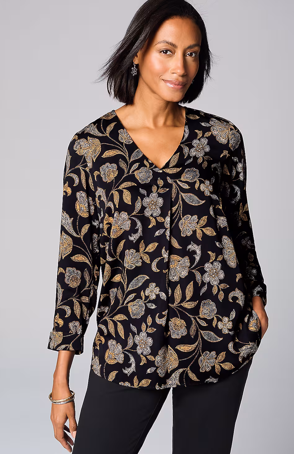 Printed Satin V-Neck Popover